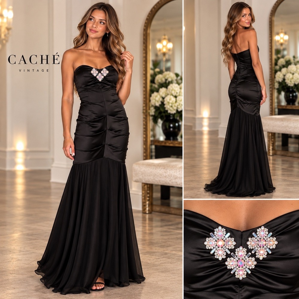 Vintage Cache Black‎ Strapless Satin Ruched Rhinestone Floral Mermaid Gown Sz 4